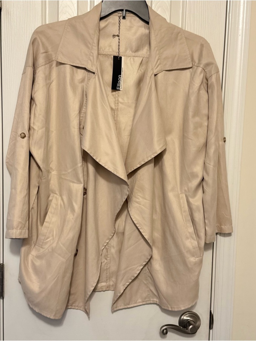 Ellison Light Beige Draped Waterfall Trench Coat